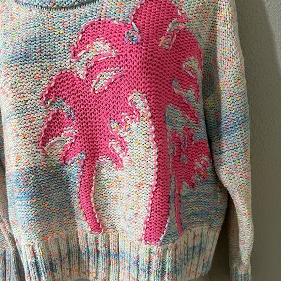 Anthropologie Palm Tree Boat Neck Oversized Women's Sweater Knit Blue Sz XSP - Picture 3 of 8